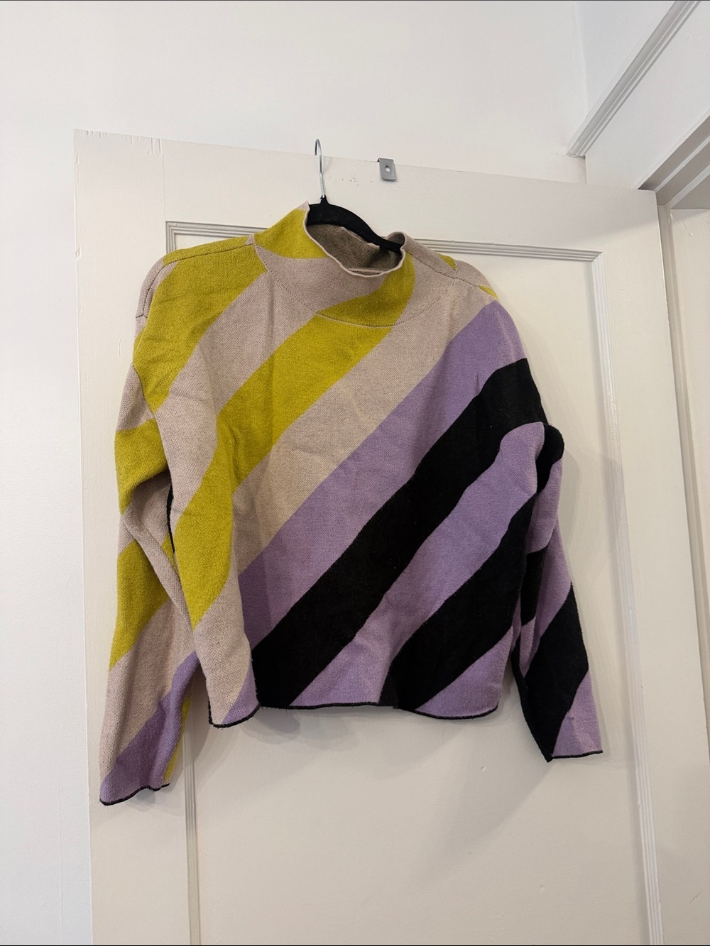 Maeve Diagonal Striped Mock Neck Sweater in Lavender, Olive & Black